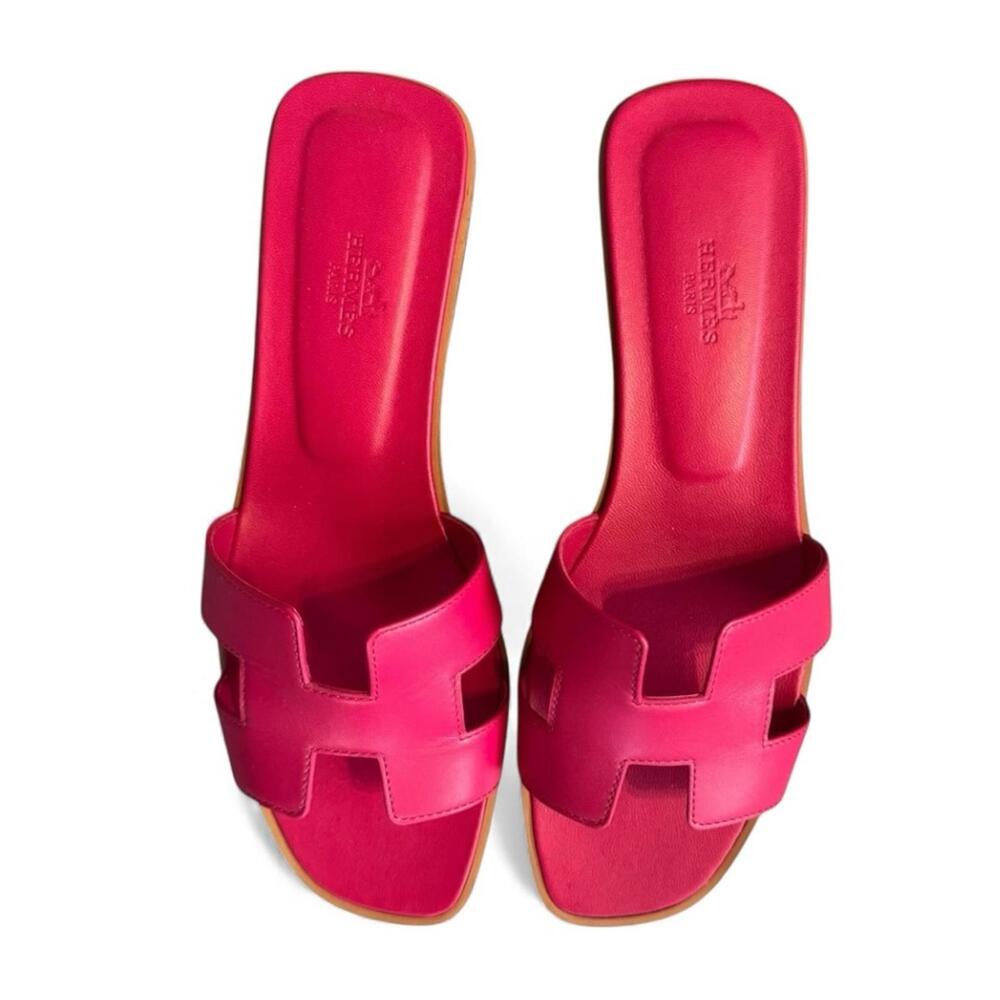 Hermes Oran Pink Sandals Slides Shoes 39.5 Leather Flats - Picture 2 of 4